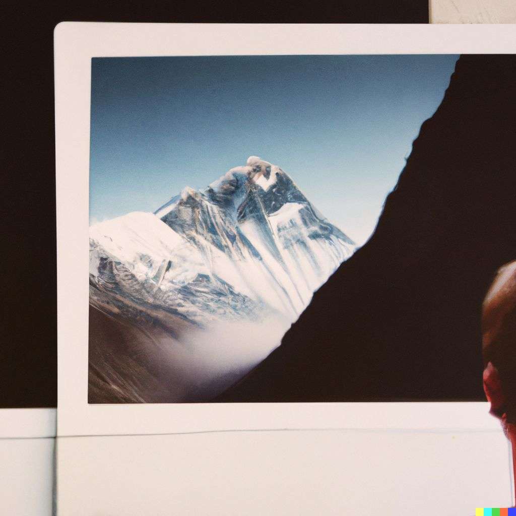 someone gazing at Mount Everest, photograph, Polaroid